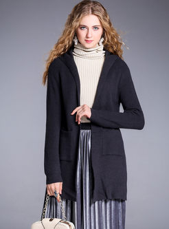 Brief Hooded Tie Long Sleeve Knitted Coat