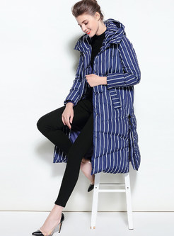 Blue Brief Vertical Striped Hooded Down Coat
