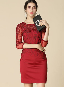 Wine Red Sexy Embroidery Three Quarters Sleeve Bodycon Dress