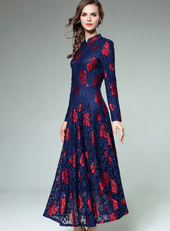 Vintage Stand Collar Floral Maxi Dress
