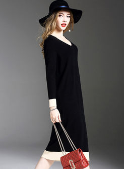 Brief V-neck Hit Color Long Sleeve Knitted Dress