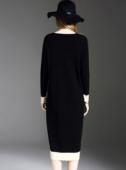 Brief V-neck Hit Color Long Sleeve Knitted Dress