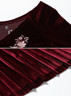 Ruffled V-neck Embroidered Velvet Skater Dress