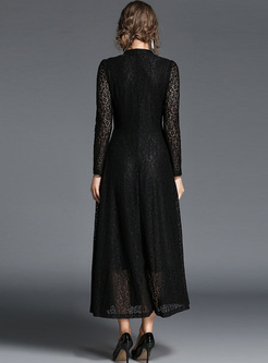 Party Stand Collar Lace A-line Maxi Dress