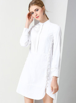 White Brief Stand Collar Embellished Blouse Skater Dress