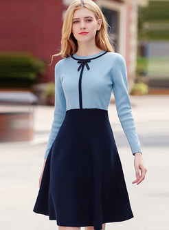 Sweet Patchwork O-neck Bow-front Knitted Dress