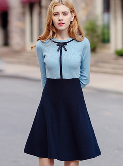 Sweet Patchwork O-neck Bow-front Knitted Dress