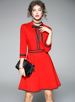 Party Tied-collar Color-blocked A-line Dress