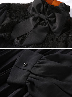 Black Tie Bowknot Splicing Pleated Skater Dress