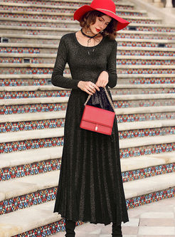 Sexy Gathered Waist Belted Long Sleeve Knitted Maxi Dress
