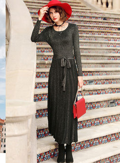 Sexy Gathered Waist Belted Long Sleeve Knitted Maxi Dress