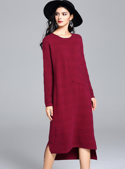 Red Pocketed Asymmetric Hem Knitted Dress