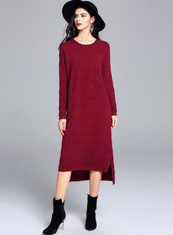 Red Pocketed Asymmetric Hem Knitted Dress