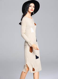 Brief Color-blocked Slim Knitted Dress