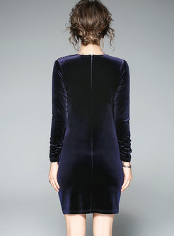 Blue V-neck Stitching Pleuche Bodycon Dress