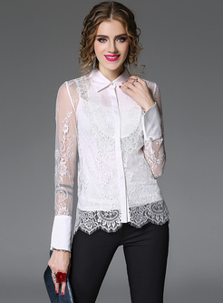 Sexy Lace Perspective Lapel Slim Blouse
