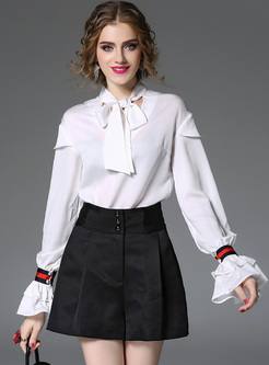 White Tied-collar Flare Sleeve Blouse