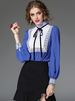 Chic Stand Collar Color-blocked Lantern Sleeve Blouse