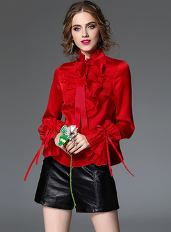 Red Flare Sleeve Falbala Tied-collar Blouse