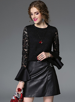 Black Lace Hollow Flare Sleeve Blouse