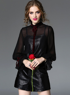 Black Flare Sleeve Stand Collar Blouse