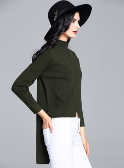 Green Plain High Neck Split Slim Sweater