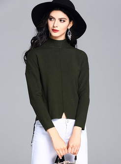 Green Plain High Neck Split Slim Sweater