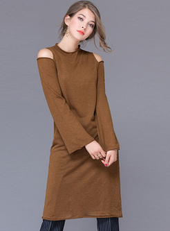 Brown Long Off Shoulder Split Sweater
