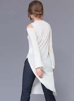 White Long Off Shoulder Split Sweater