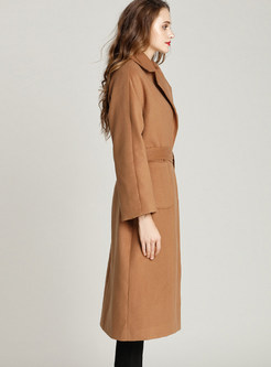 Camel Turn Down Collar Belted Long Overcoat