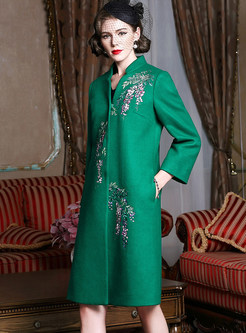 Vintage Green Embroidery Stand Collar Coat 