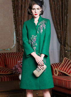Vintage Green Embroidery Stand Collar Coat 