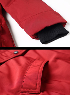 Wine Red Hooded Patched Down Coat