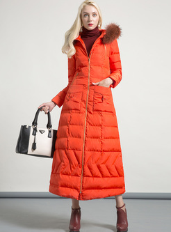 Red Hooded Pocketed A-line Long Down Coat