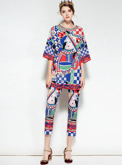 Ethnic Loose Multicolor Print Two-piece Outfits