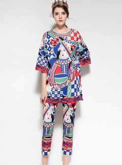 Ethnic Loose Multicolor Print Two-piece Outfits