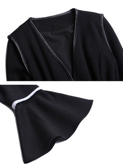 Black PU Splicing V-neck Belted Flare Sleeve Trench Coat
