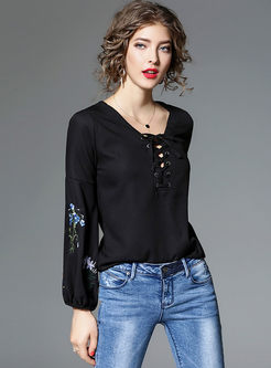 Casual Tie Embroidery Long Sleeve Blouse
