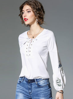 Casual Tie Embroidery Long Sleeve Blouse