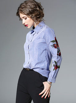 Striped Embroidery Lapel Long Sleeve Blouse