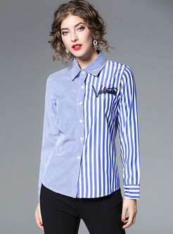Blue Striped Stitching Long Sleeve Blouse