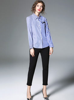 Blue Striped Stitching Long Sleeve Blouse