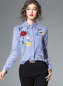Blue Striped Embroidery Turn Down Collar Blouse