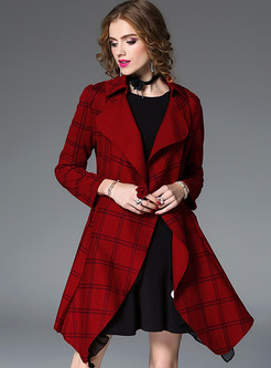 Deep Red Stylish Checked Asymmetric Trench Coat