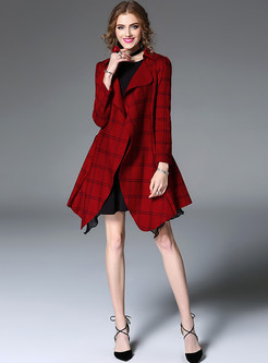 Deep Red Stylish Checked Asymmetric Trench Coat