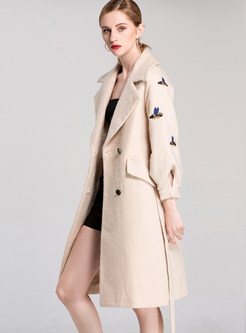 Elegant Belted Embroidery Double-breasted Coat