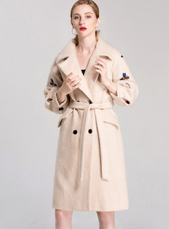 Elegant Belted Embroidery Double-breasted Coat