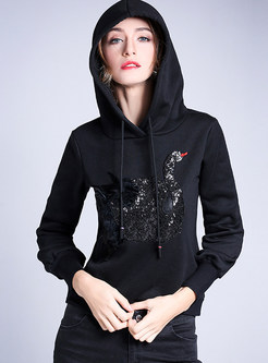 Fashion Black Paillette-embellished Long Sleeve Hoodie 