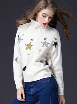 Cute Star Paillette-embellished Turtleneck Sweater