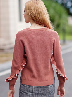 Sweet Ruffled-design O-neck Pure Color Sweater